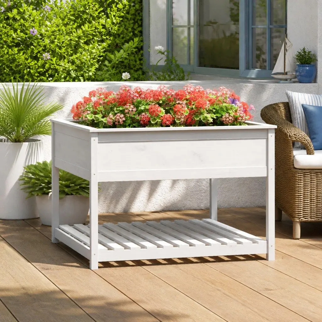 Wooden Planter 111.5 x 111.5 x 81 cm White Raised Garden Flower Box with Shelf for Outdoor Patio