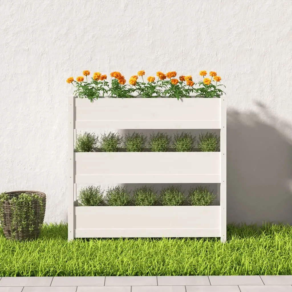 Garden Planter 112x25x104.5 cm White Raised Bed 3 Flower Boxes Pine Wood