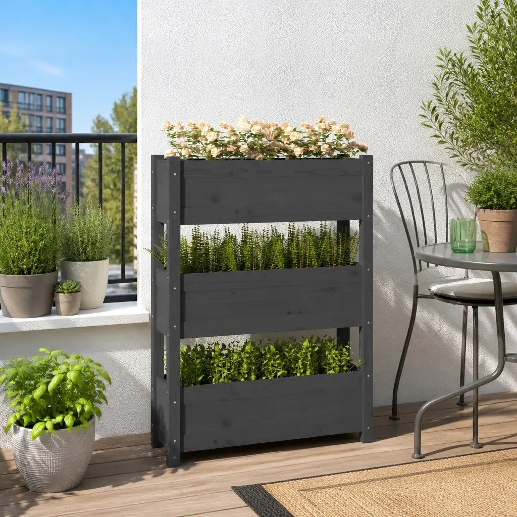 Wooden Planter Box Grey 77x25x104.5cm Raised Garden Bed 3 Flower Boxes Pine