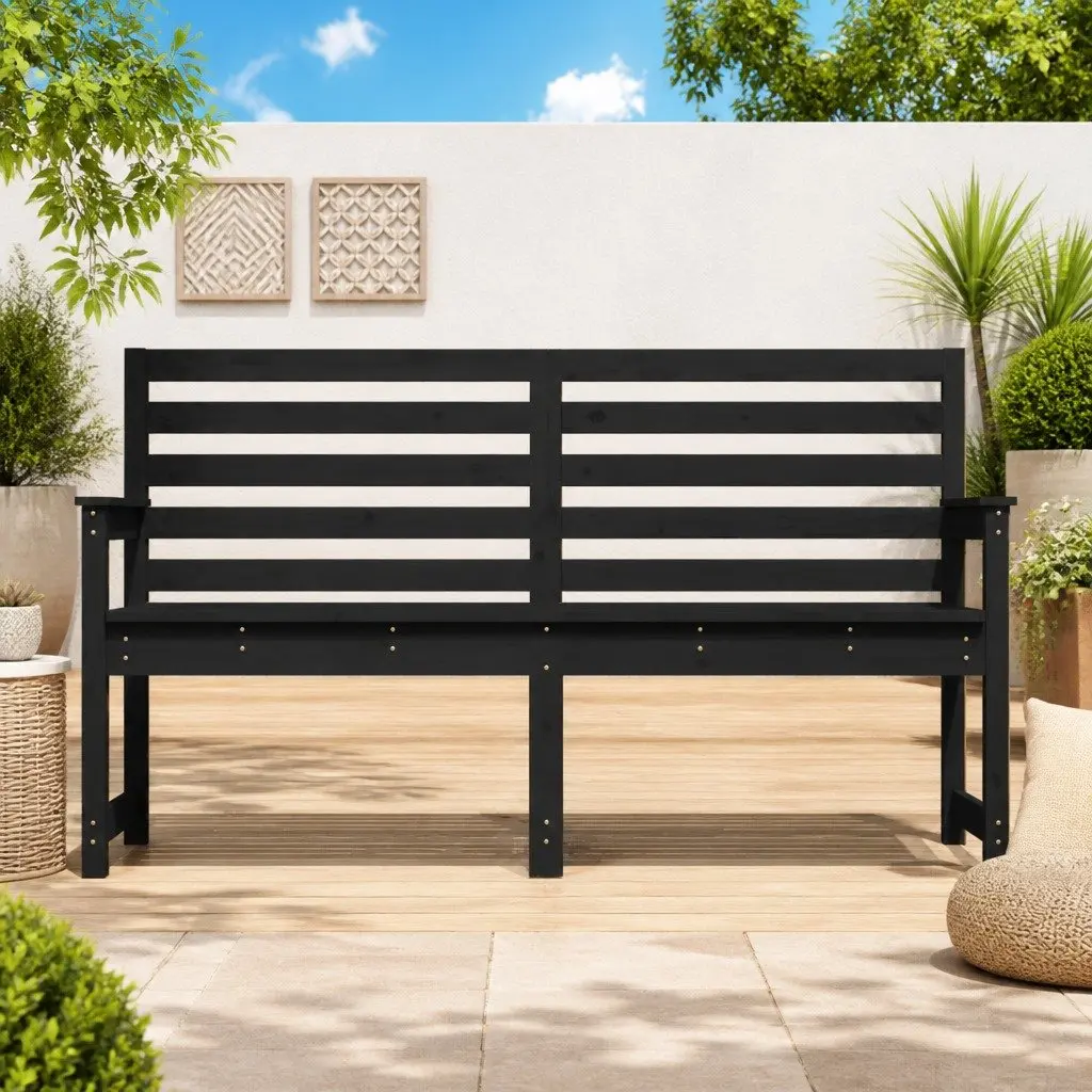 Garden Bench Black Wooden Outdoor Seating with Backrest and Armrests