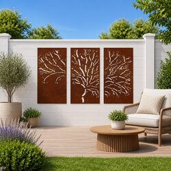 Metal Garden Wall Art Panels Set of 3 with Tree Design 105x55 cm