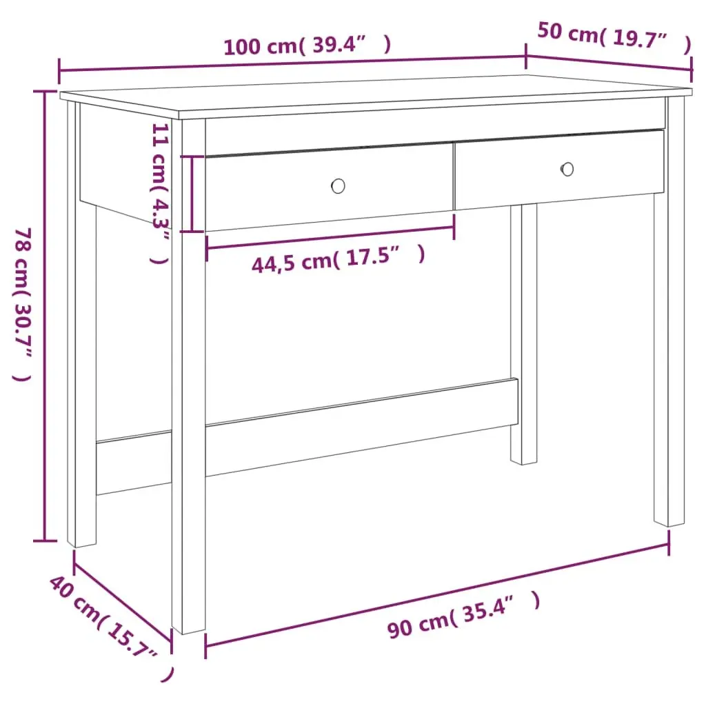 Solid Wood Pine Desk 100 cm White with 2 Drawers for Office Study Computer Furniture