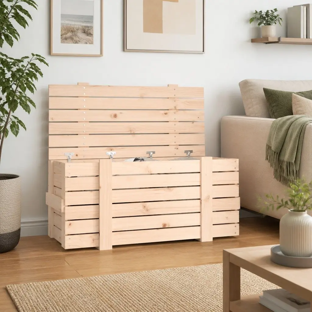 Wooden Storage Box 91x40.5x42cm Solid Pine Hinged Lid Home Organisation Chest