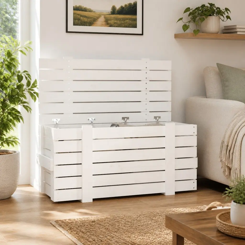 Storage Box 91 x 40.5 x 42 cm White Solid Wood Pine Household Organiser Chest with Hinged Lid