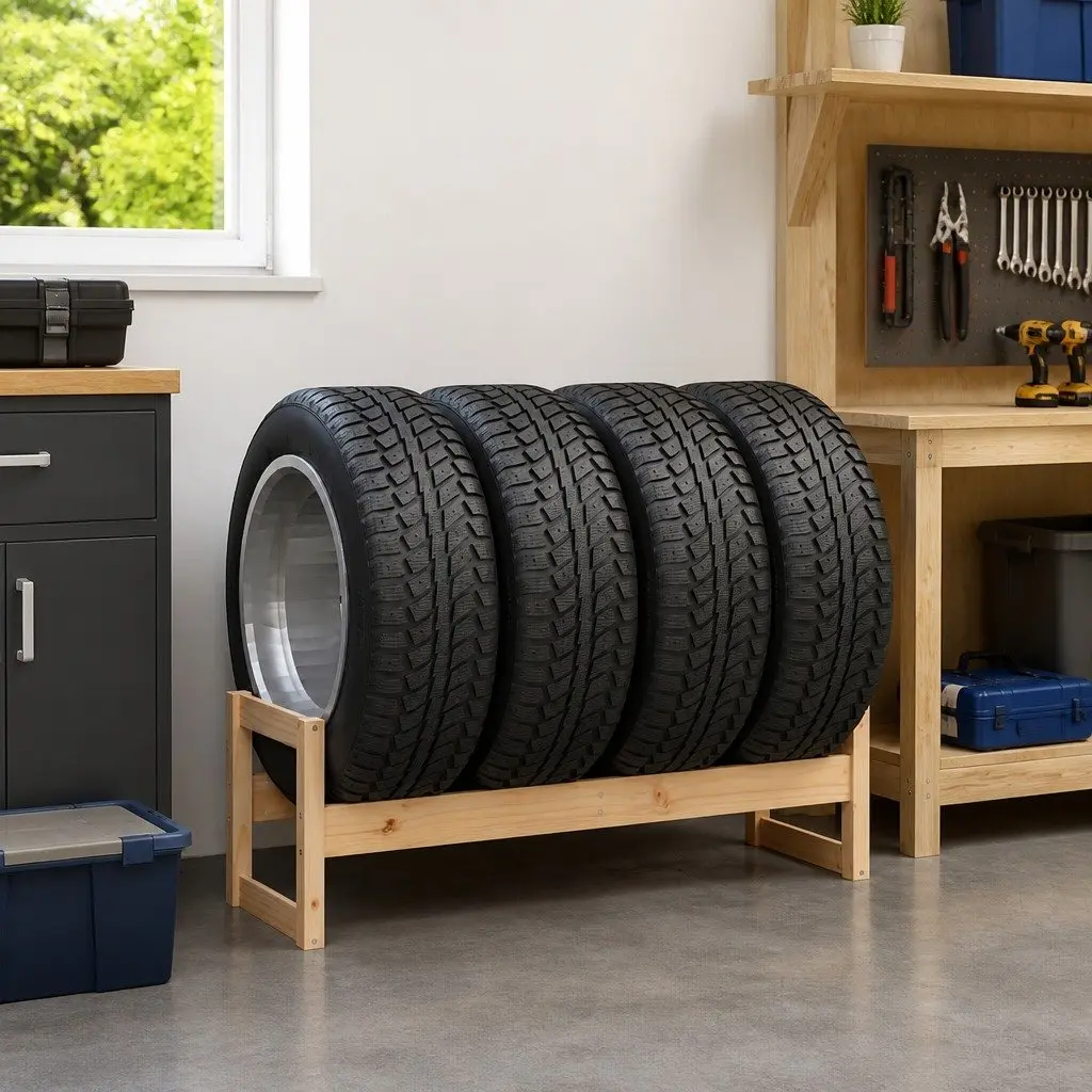 Tire Rack Storage Shelf Garage Workshop Solid Wood Organiser 120x40x40cm