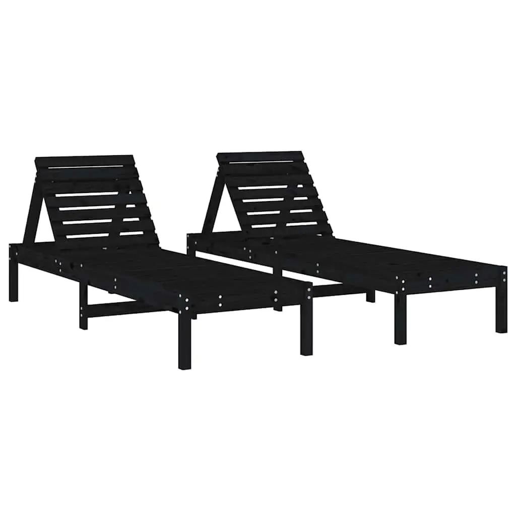 Sun Loungers 2 pcs Black Solid Wood Adjustable Backrest Outdoor Garden Patio Reclining Chair