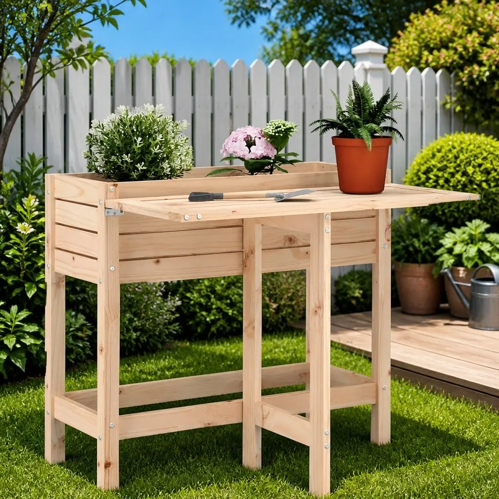 Garden Planter with Folding Tabletop Solid Wood Pine Brown Elevated Raised