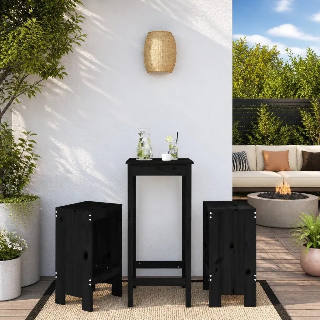 Bar Stools 2 pcs Black Solid Pine Wood Outdoor Patio Balcony Chairs 40x36x75 cm