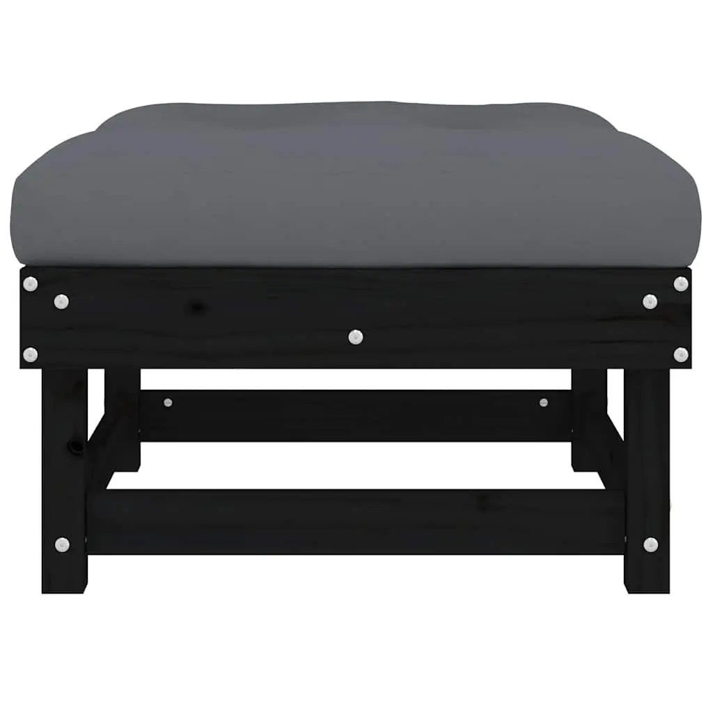 Garden Footstool with Cushion Black Outdoor Seating Patio Wooden Frame