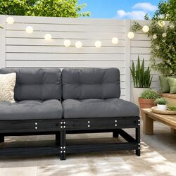 Outdoor Middle Sofa Sectional with Cushions Black Solid Pine Wood Garden Seating