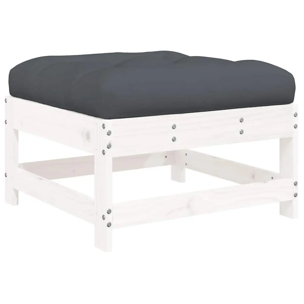 Garden Footstool White Slatted Wood with Cushion Outdoor Patio Seating