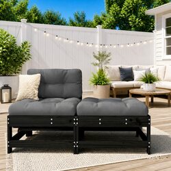 Garden Footstool with Cushion Black Solid Wood Pine Outdoor Seating Patio