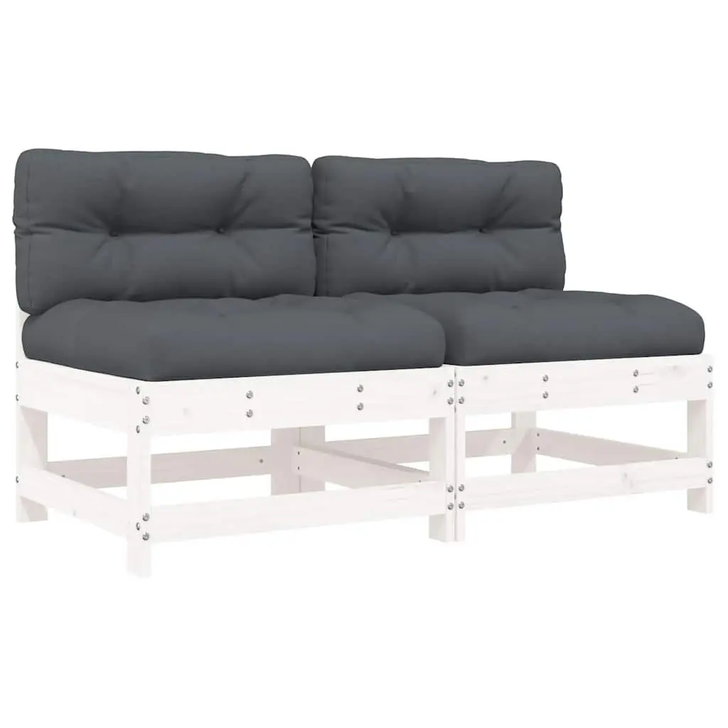 Outdoor Middle Sectional Sofa 2 pcs White Solid Wood Pine Garden Patio Cushions