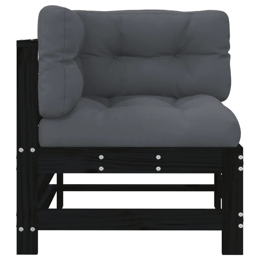 Corner Sofa Black Solid Pine Wood Modular Outdoor Sectional with Cushions