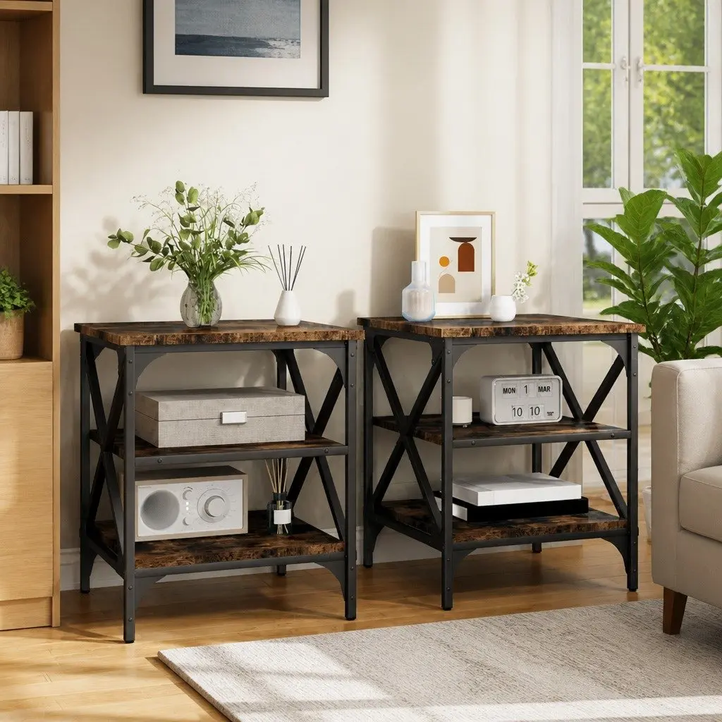 Industrial Side Tables Set of 2 Brown Engineered Wood Storage Feature for Living Room or Bedroom