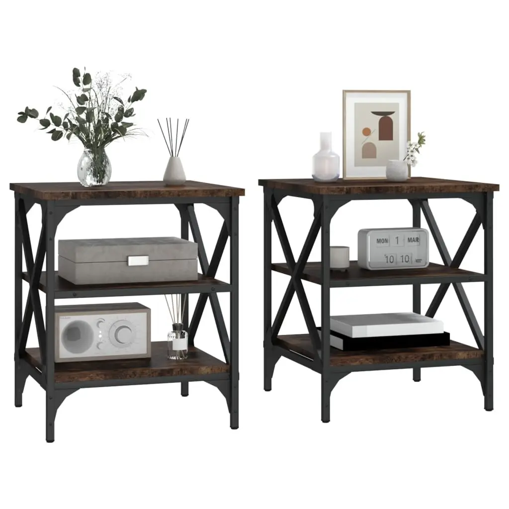 Industrial Side Tables Set of 2 Brown Engineered Wood Storage Feature for Living Room or Bedroom