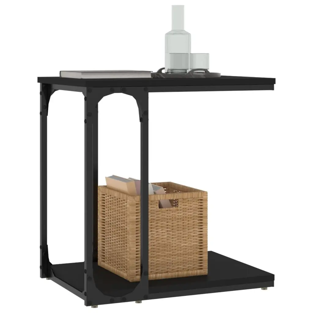 C-Shape Side Table Black Engineered Wood Steel Frame Storage for Living Room