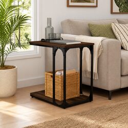 C-Shaped Brown Oak Side Table for Living Spaces