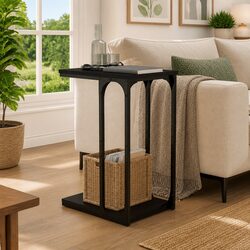 Black End Table C-Shape Design Engineered Wood Accent Table Living Room Storage