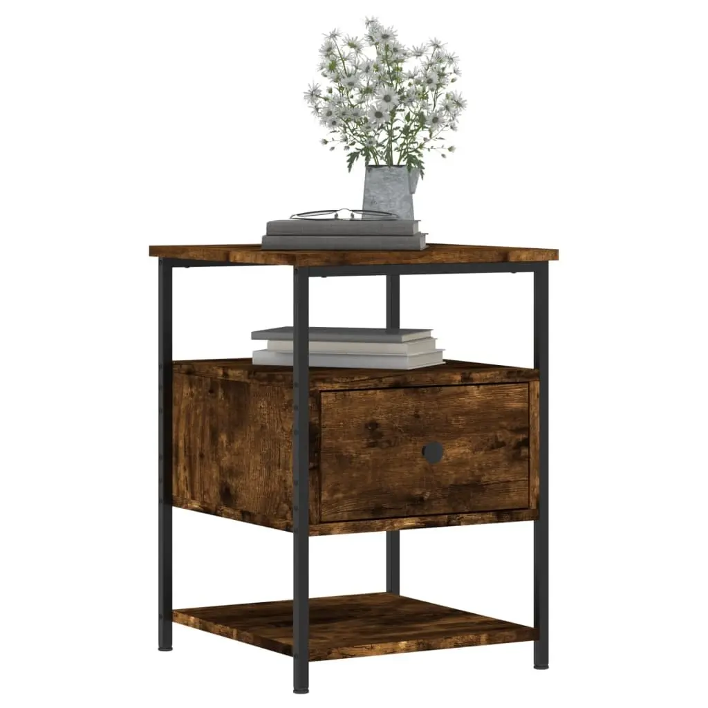 Bedside Cabinets 2 pcs Brown Engineered Wood Storage Tables Sturdy Iron Frame Adjustable Feet