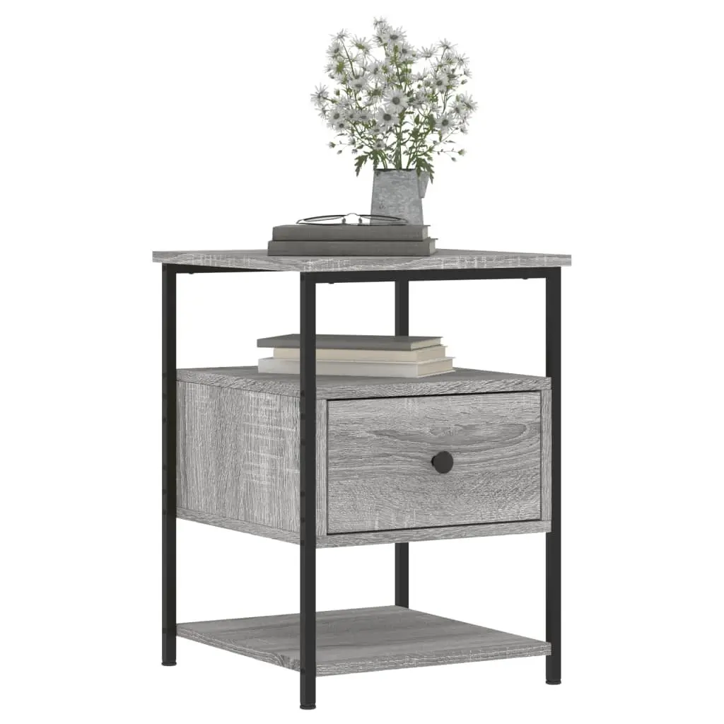 Bedside Cabinet 2 pcs Grey Engineered Wood Iron Frame Storage Nightstand Table