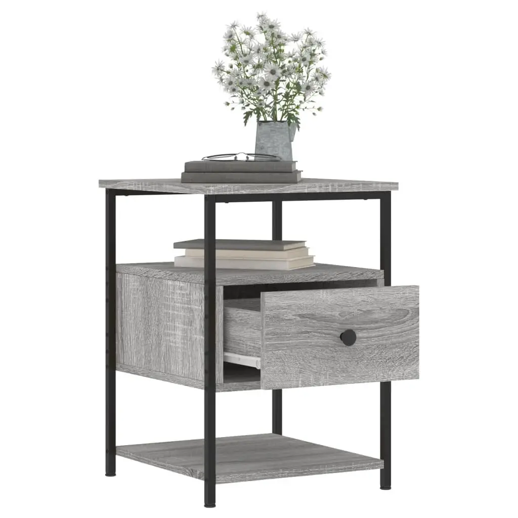 Bedside Cabinet 2 pcs Grey Engineered Wood Iron Frame Storage Nightstand Table