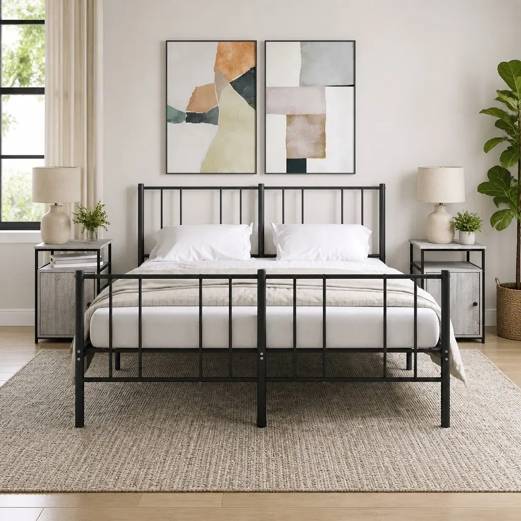Bedside Cabinets 2 pcs Grey Sonoma Engineered Wood Storage Tables with Iron Frame and Adjustable Feet