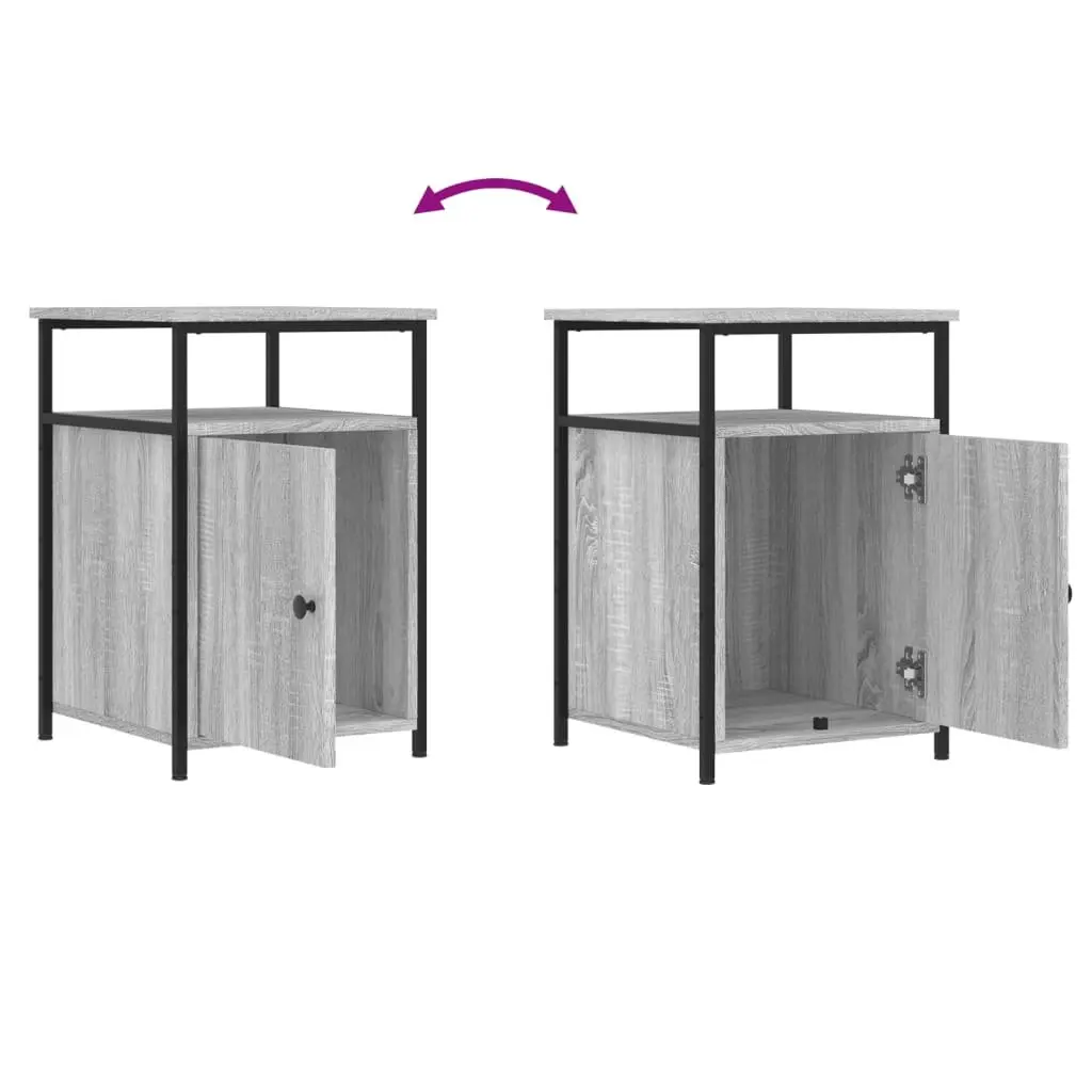 Bedside Cabinets 2 pcs Grey Sonoma Engineered Wood Storage Tables with Iron Frame and Adjustable Feet