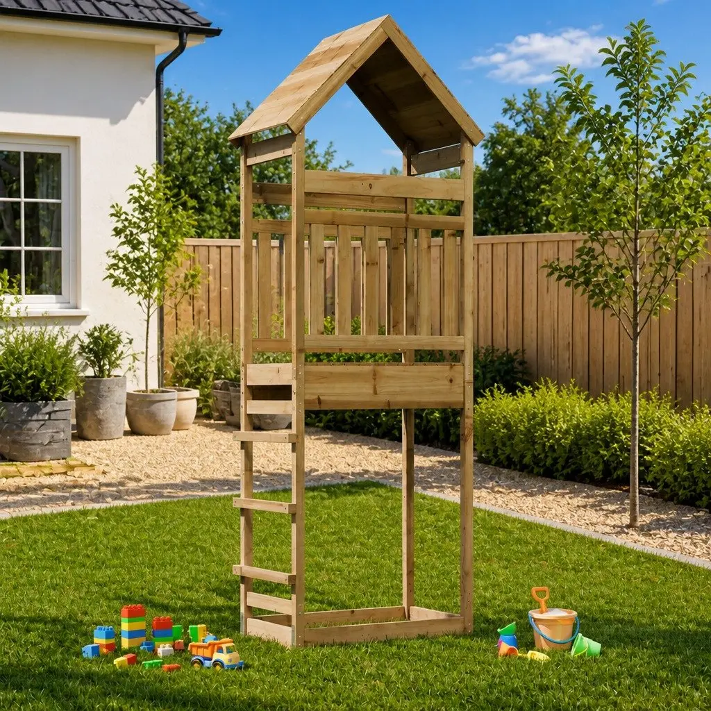 Wooden Outdoor Play Tower Backyard Playhouse Rustic Climbing Structure