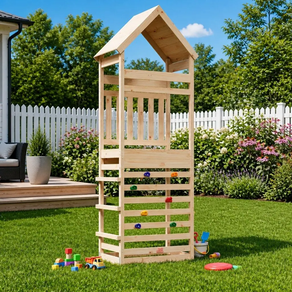 Outdoor Play Tower Wooden Climbing Slide Hideaway Garden Kids Playset
