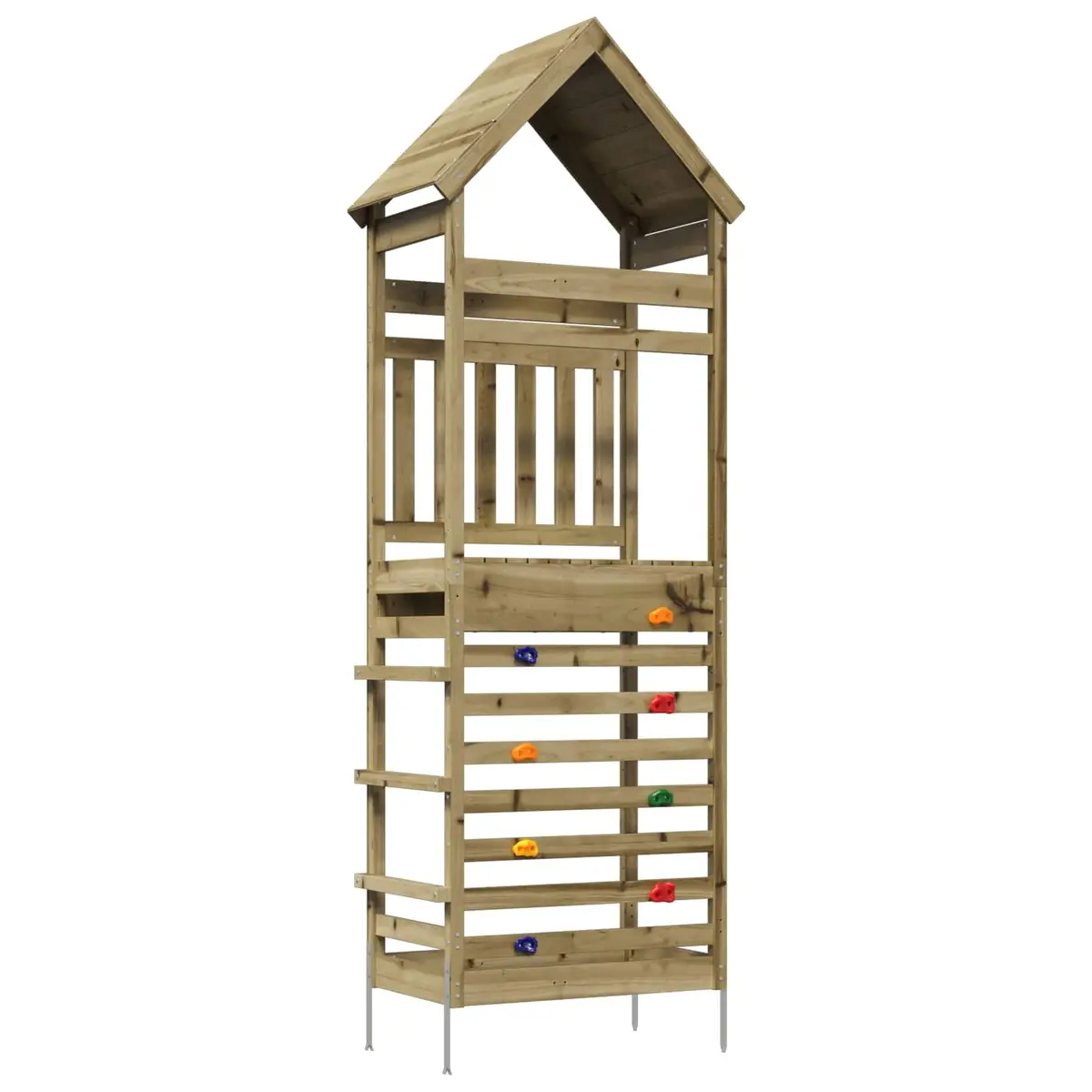 Outdoor Play Tower Brown Solid Wood Structure with Climbing Slide and Shaded Roof for Backyard Fun