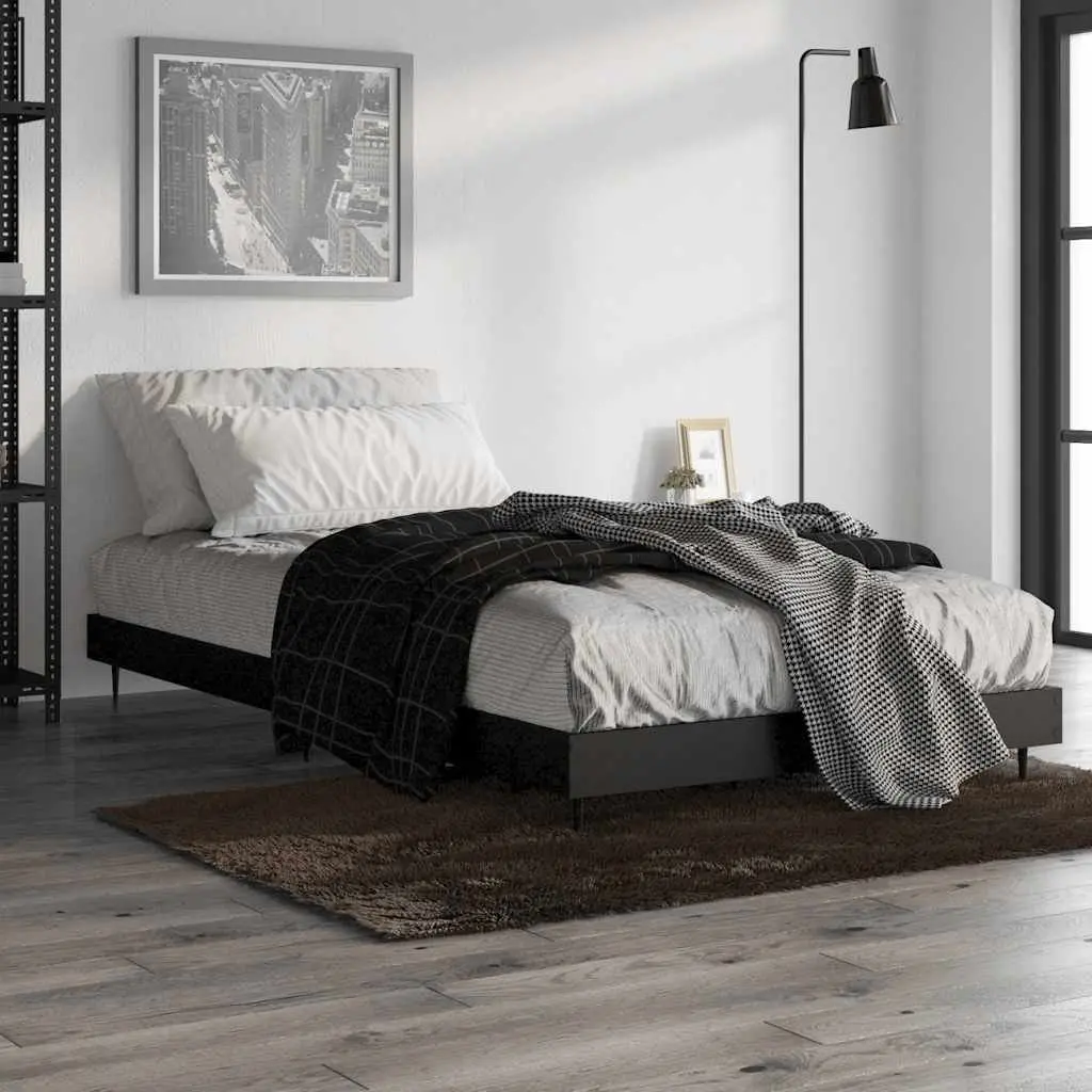 Black Bed Frame 90x190cm Engineered Wood Slatted Base with Metal Legs for Bedroom
