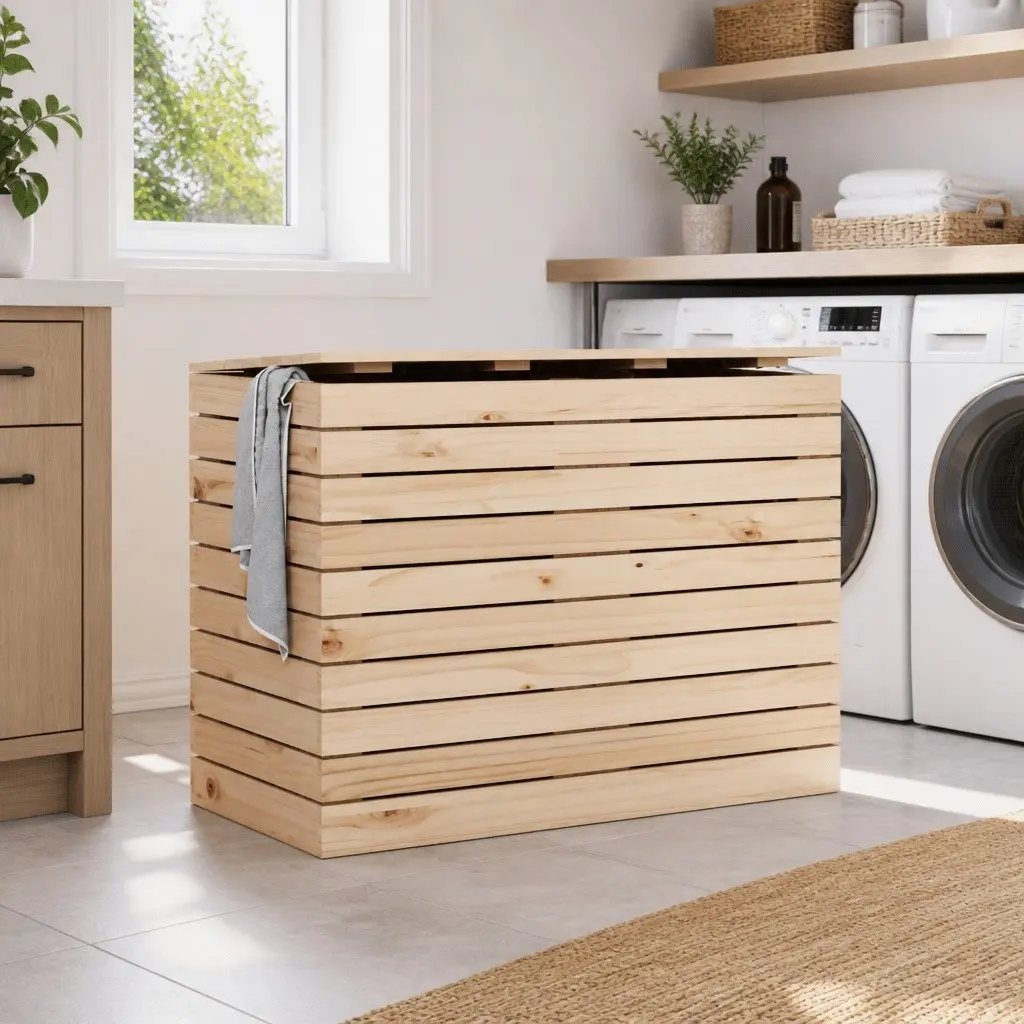 Wooden Laundry Basket with Lid 88.5x44x66 cm Solid Pine Wood Storage Organiser Brown