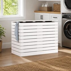 Laundry Basket White Solid Pine Wood Storage Bin with Lid Household Organization