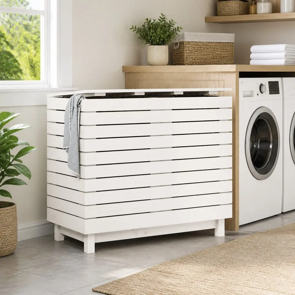 Wooden Laundry Basket with Lid White Solid Pine Wood Spacious Interior