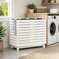 White Wooden Laundry Basket with Lid Storage Hamper Solid Pine Wood Home
