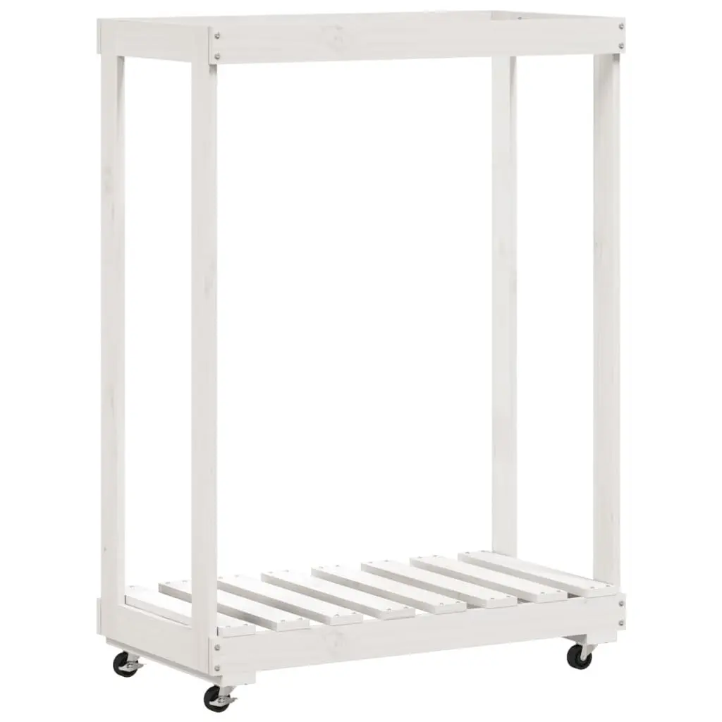 Wooden Log Holder 76.5 x 40 x 108 cm White Storage Rack with Wheels for Firewood Indoor Outdoor