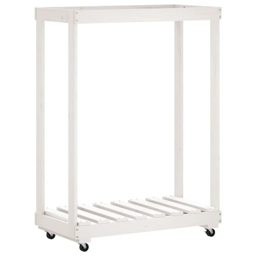 Wooden Log Holder 76.5 x 40 x 108 cm White Storage Rack with Wheels for Firewood Indoor Outdoor