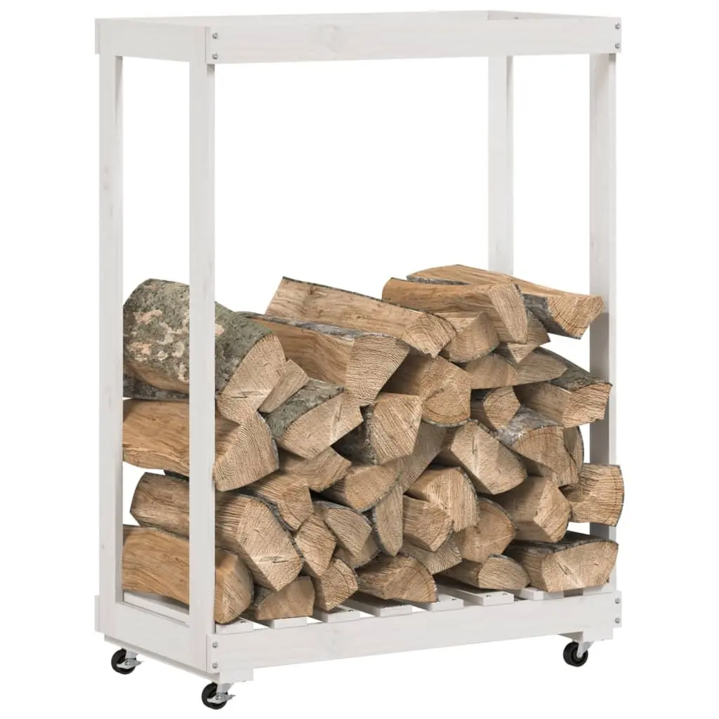 Wooden Log Holder 76.5 x 40 x 108 cm White Storage Rack with Wheels for Firewood Indoor Outdoor