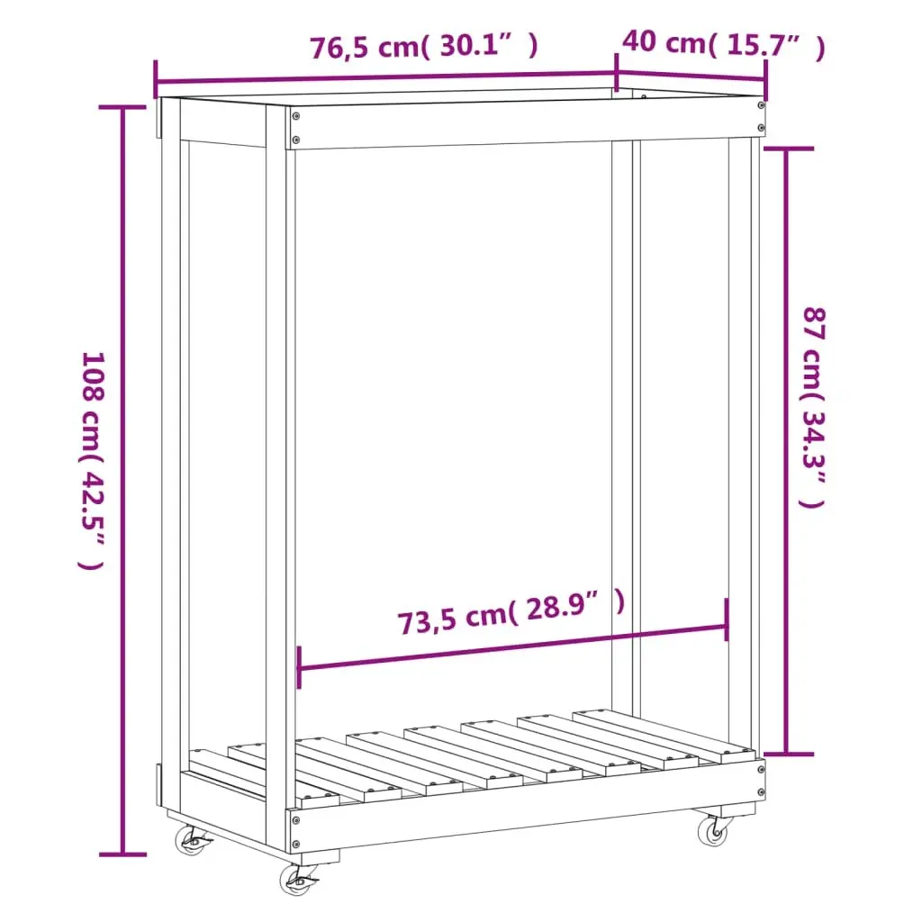 Wooden Log Holder 76.5 x 40 x 108 cm White Storage Rack with Wheels for Firewood Indoor Outdoor