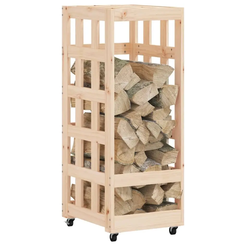 Wooden Log Holder 40x49x110cm Solid Pine Firewood Storage Rack with Rolling Wheels