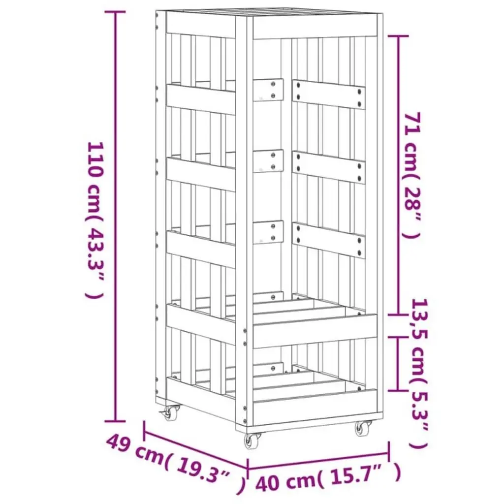 Wooden Log Holder 40x49x110cm Solid Pine Firewood Storage Rack with Rolling Wheels
