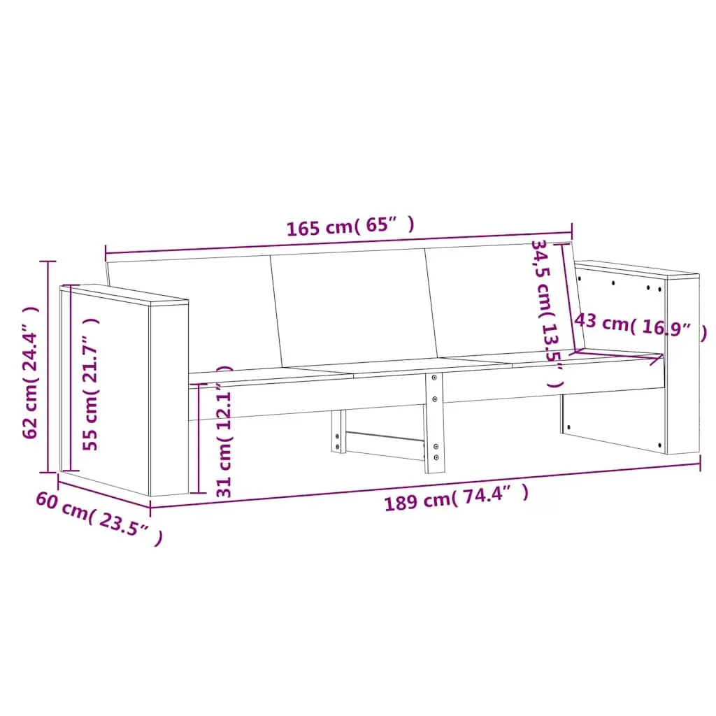 Outdoor Garden Sofa 3-Seater White Wooden Patio Furniture with Backrest and Armrests