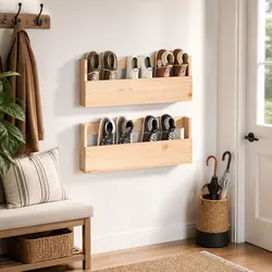 Wall-Mounted Shoe Rack Solid Pine Wood Brown Storage Shelves Organiser 59x9x23cm