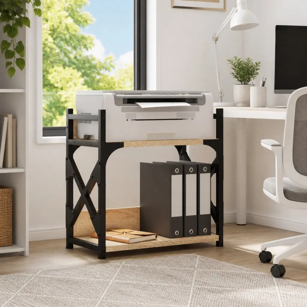 2-Tier Printer Stand Brown Engineered Wood Metal Frame Office Organiser