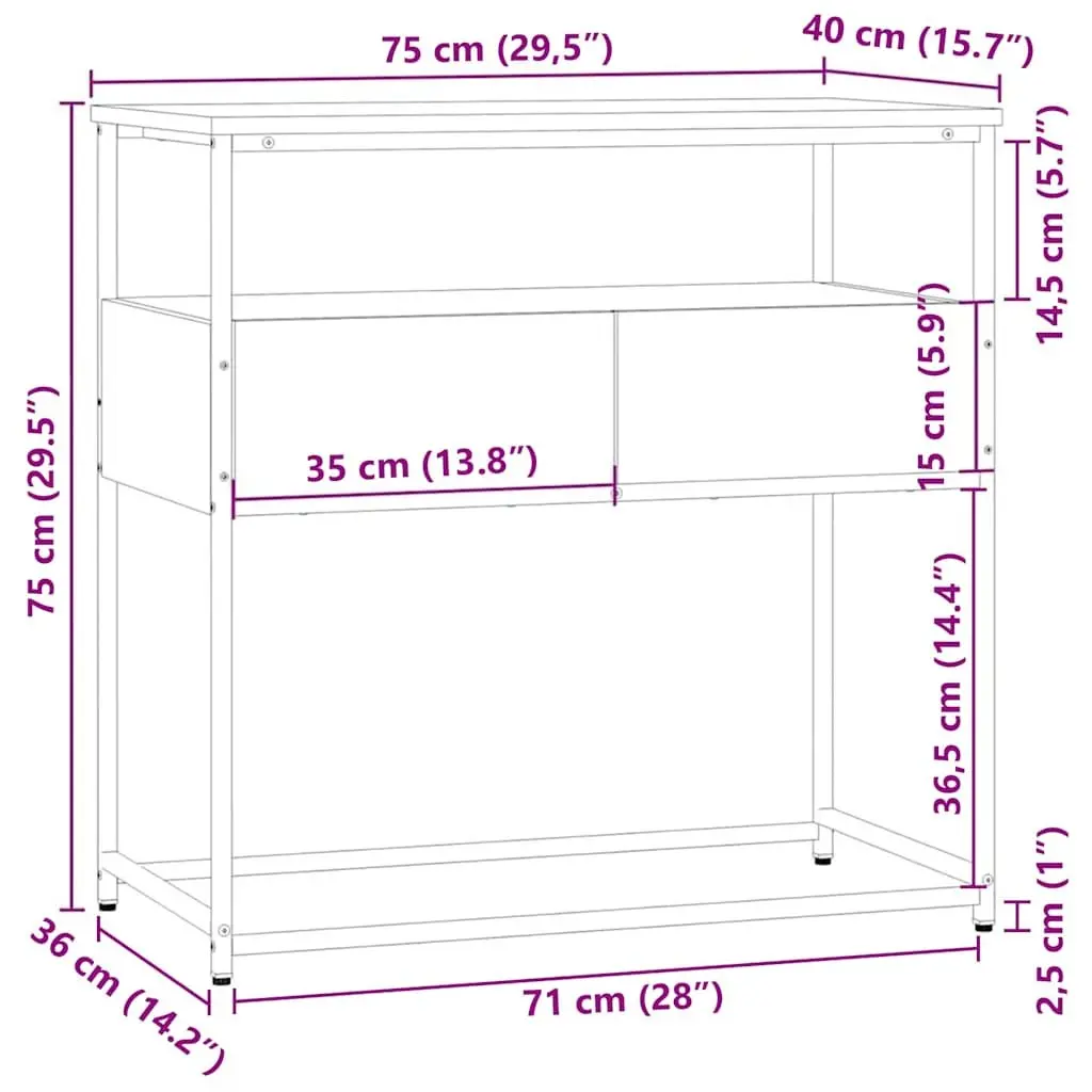 Console Table 75cm Brown Engineered Wood Metal Frame Storage for Entryway Hallway Living Room