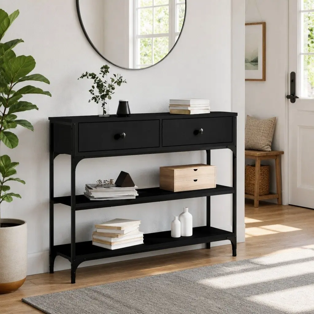 Console Table Black Engineered Wood Metal Frame Adjustable Feet Storage