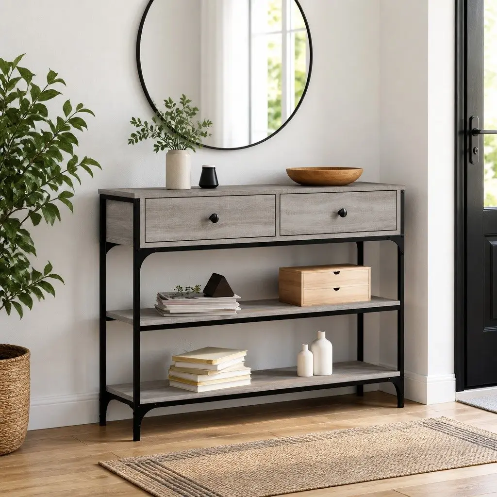 Console Table Grey Engineered Wood Metal Frame Storage for Entryway Hallway Accent Furniture