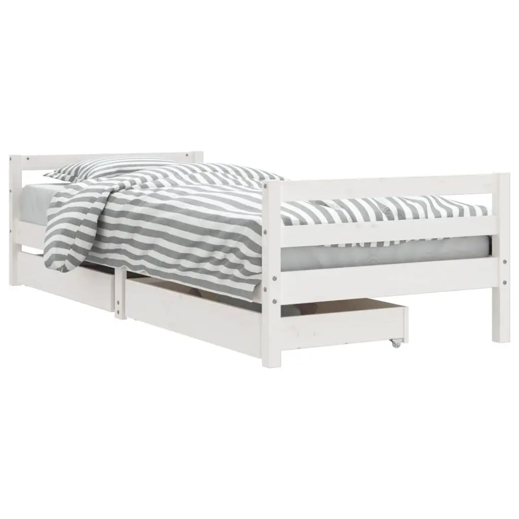 Kids Bed Frame 90 x 190 cm White Wooden with Storage Drawers Slat Base