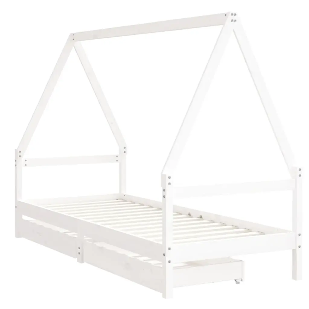 Kids Bed Frame with Storage Drawers House Design White Solid Wood Single Bed